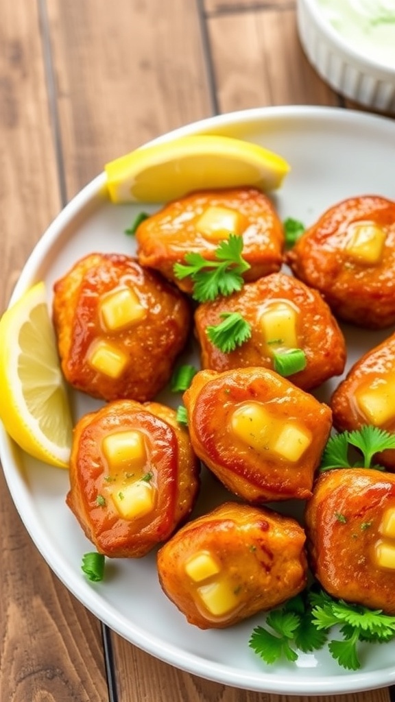 Golden-brown air fryer garlic butter pork bites garnished with parsley and lemon wedges on a rustic table.